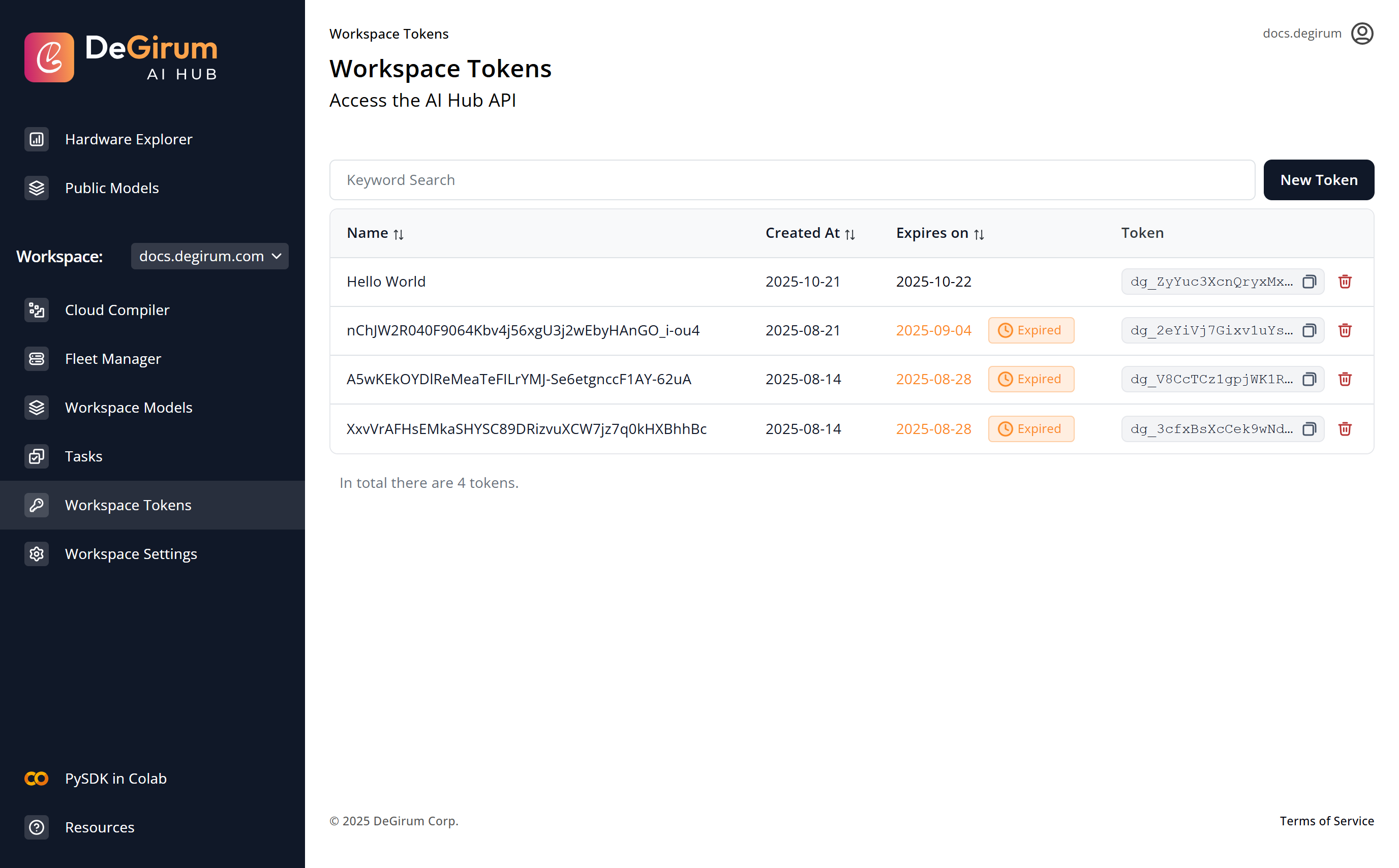 AI Hub Tokens interface.